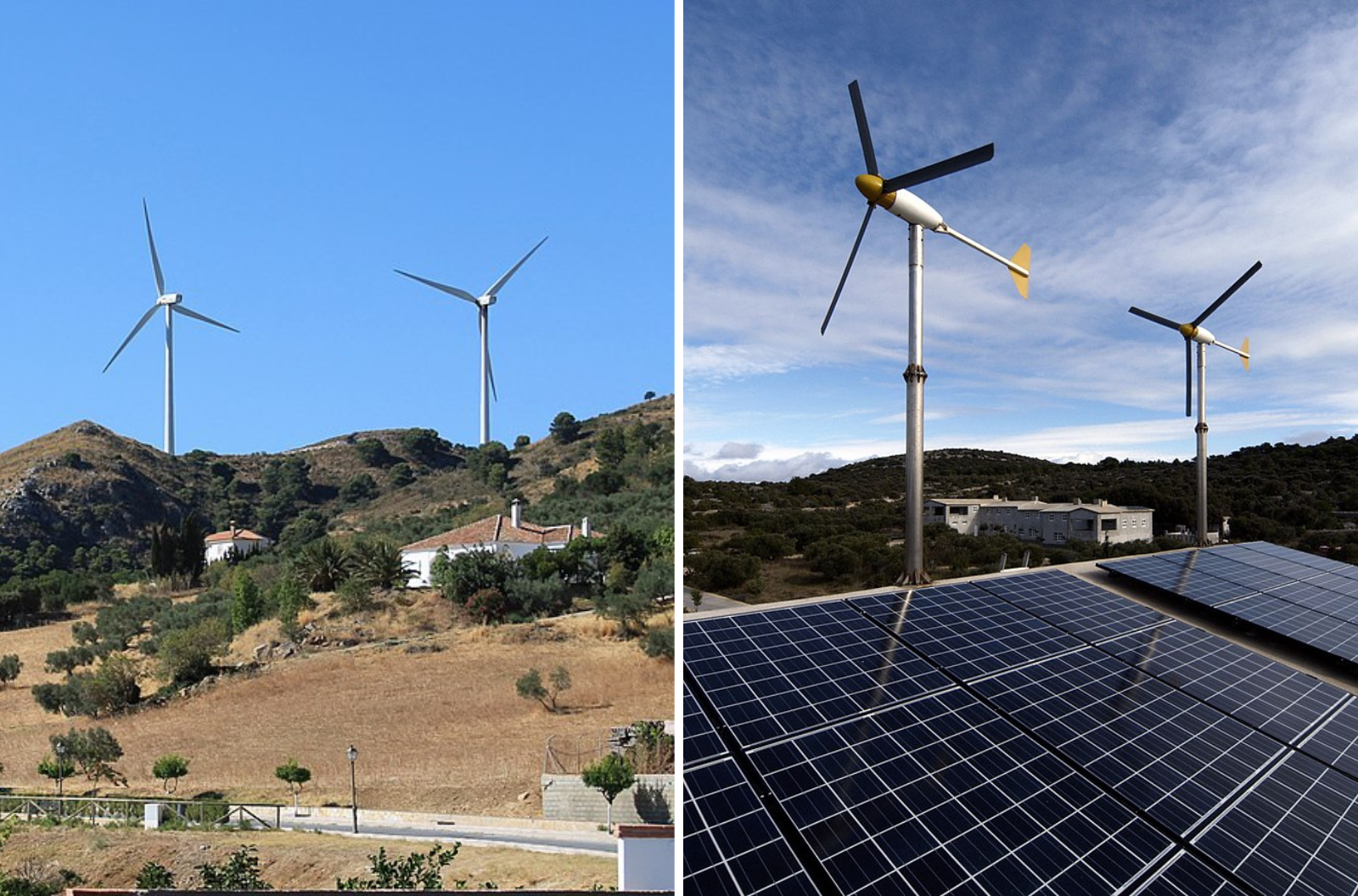 Two wind turbine systems. On the left large turbines with pointed blades stand over mountains. On the right small rocket shaped turbines with flat blades are mounted on a rooftop.