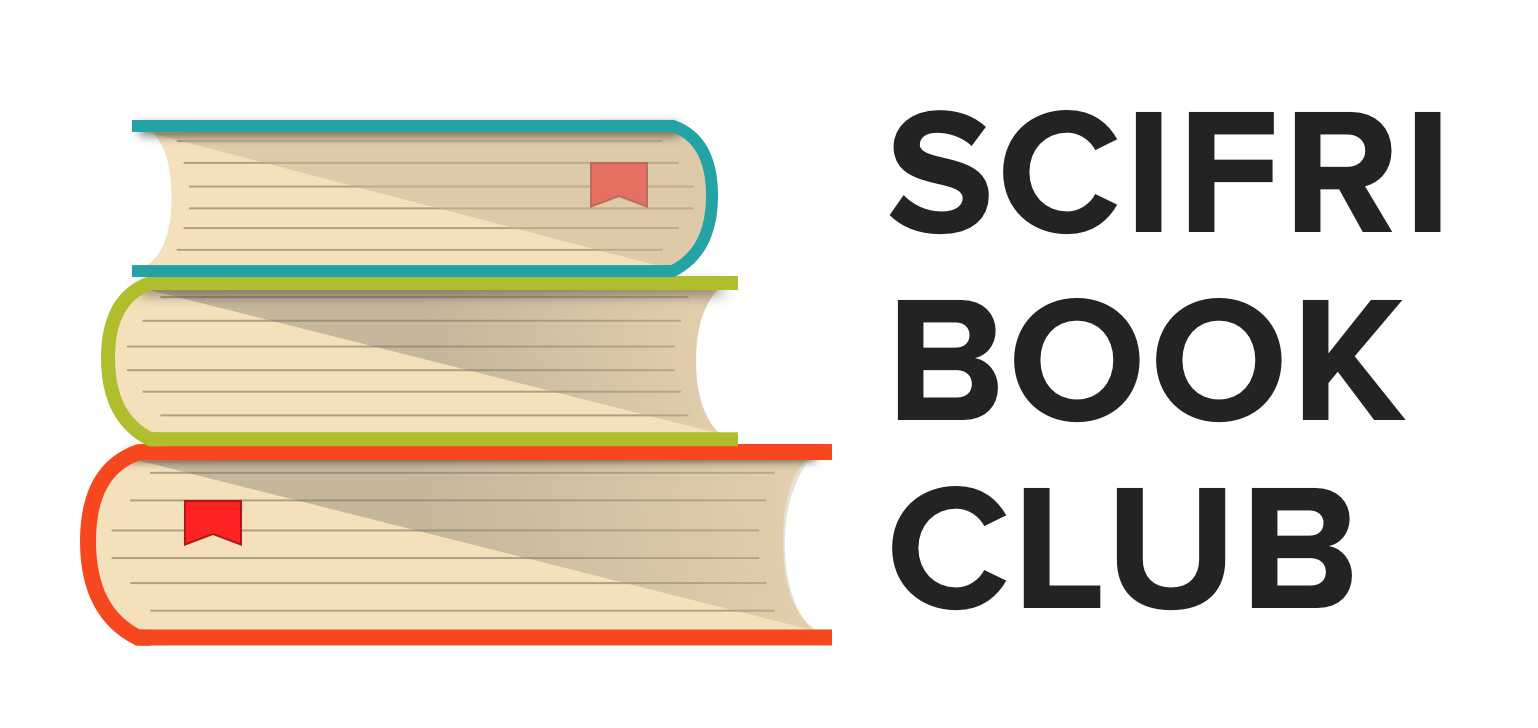 illustrated stack of books with text "scifri book club"