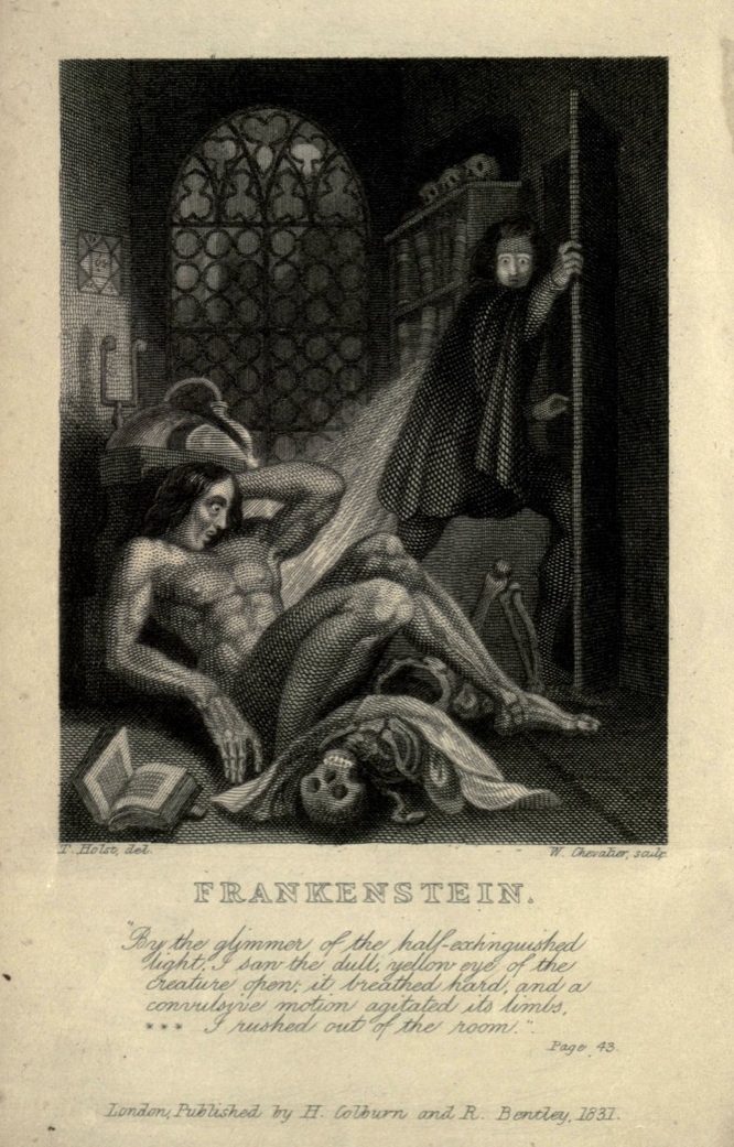 a black and white book page of a creature (frankenstein) lying back on the ground, with a scared man looking at the creature through the door. they are in a dungeon type room