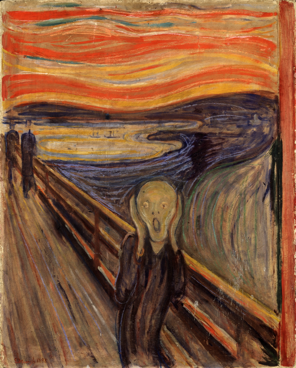 an abstract person with a screaming face on the backdrop of what appears to be a bay under a vibrant red and orange sky