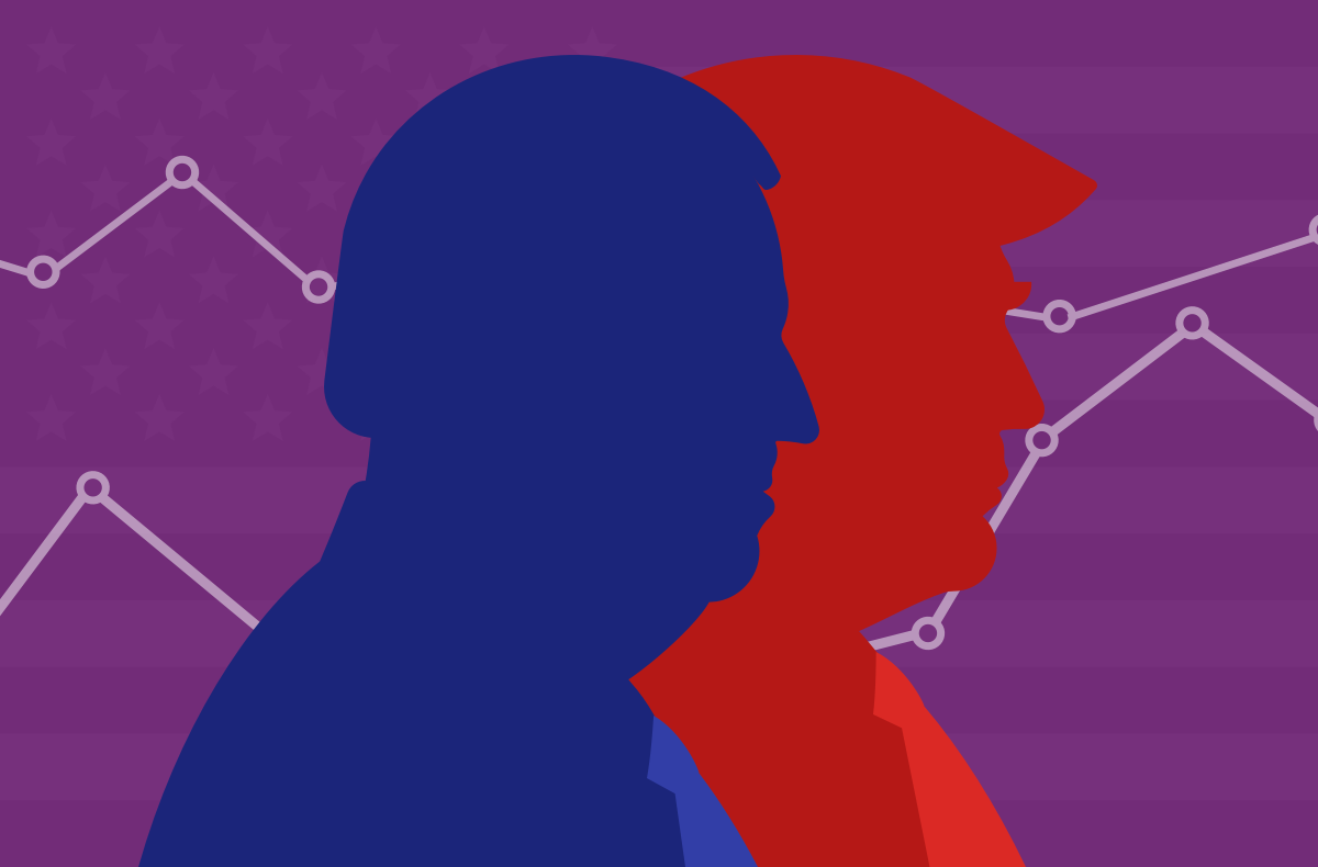 an abstract design of silhouettes of biden and trump with a line graph behind them