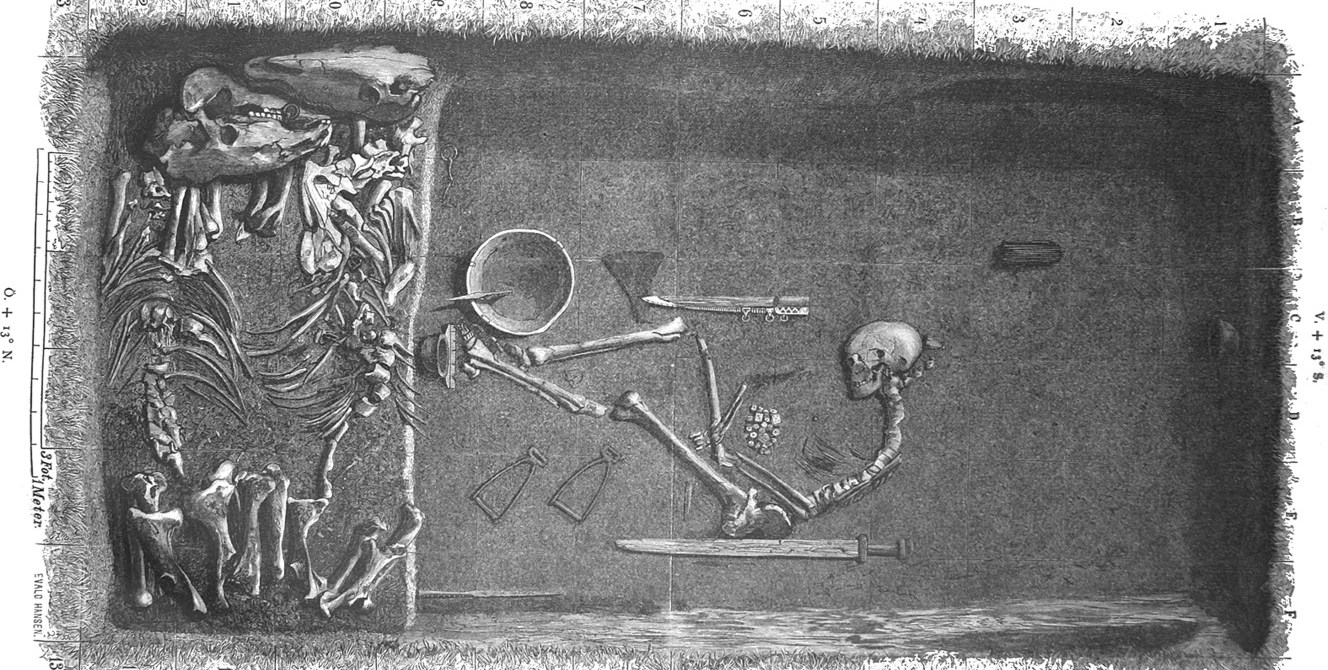 A black-and-white illustration of a grave. Two horse skeletons and a human skeleton are visible, along with a sword, an axe, and other weapons and tools.