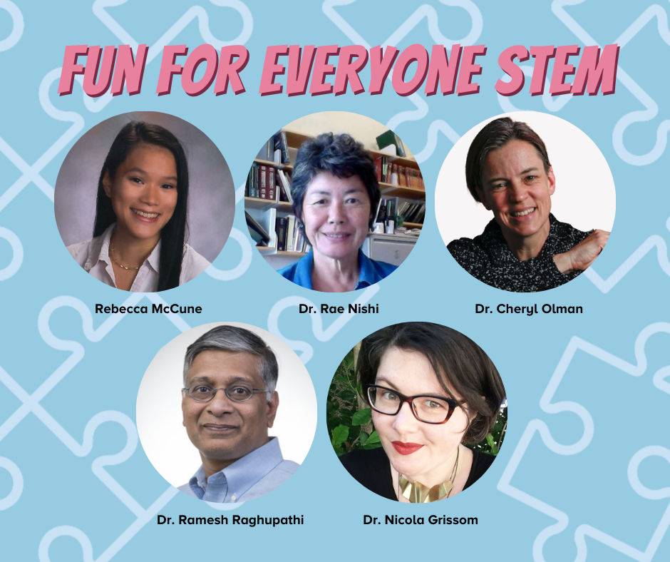 Against a puzzle background are five photos of scientists. The text reads "Fun For Everyone STEM."