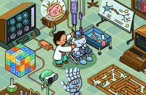 A young scientist is a labcoat tinkers with a robot in a lab. Around them are puzzles, tools, VR goggles, neuroscience equipment including a giant brain.