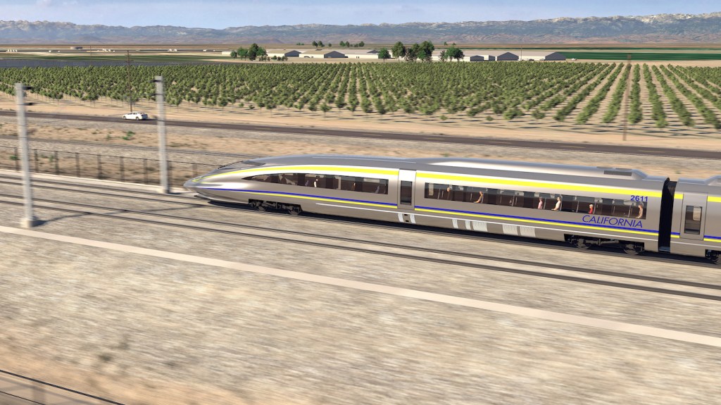 A 3-D rendering of a fast train line crossing a farm area