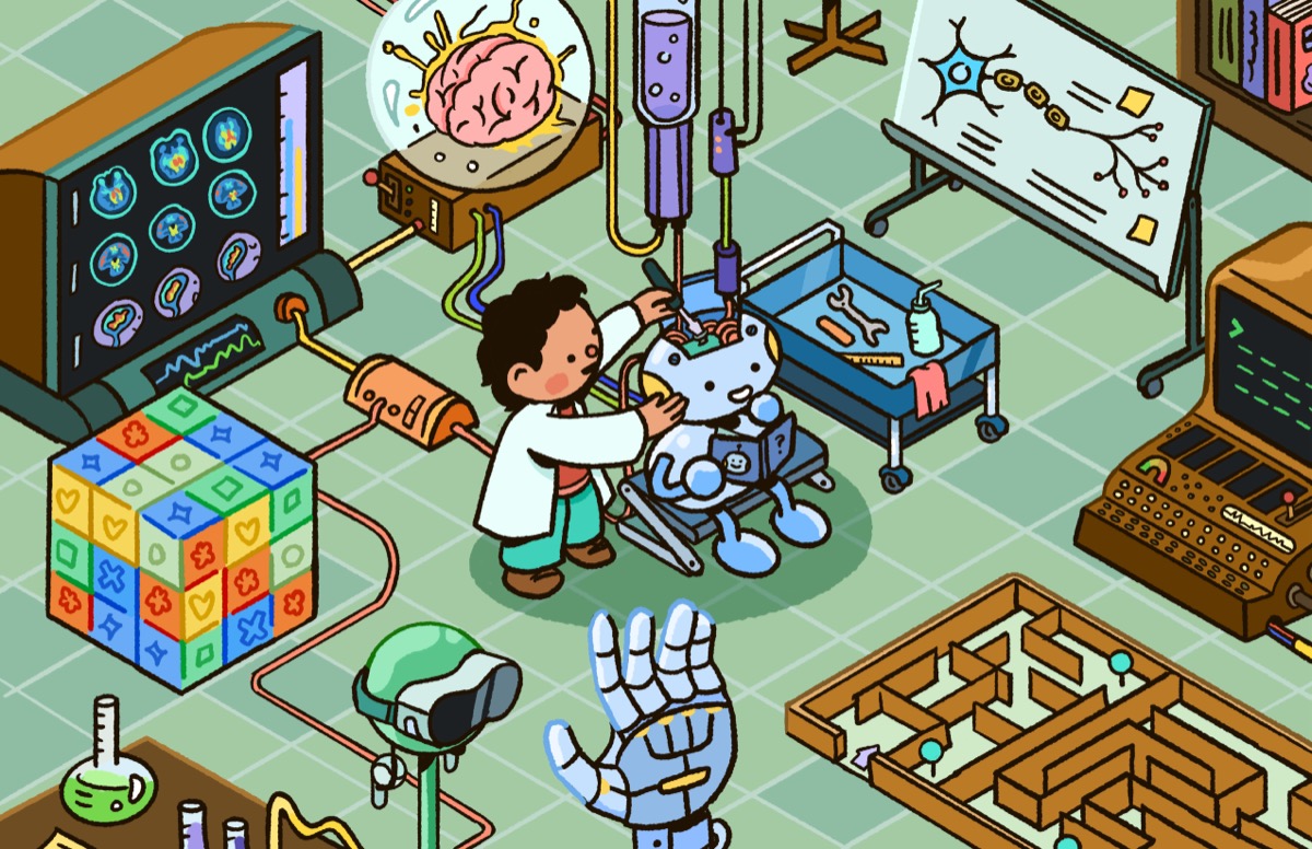 Un joven científico reparando a un robot en su laboratorio.