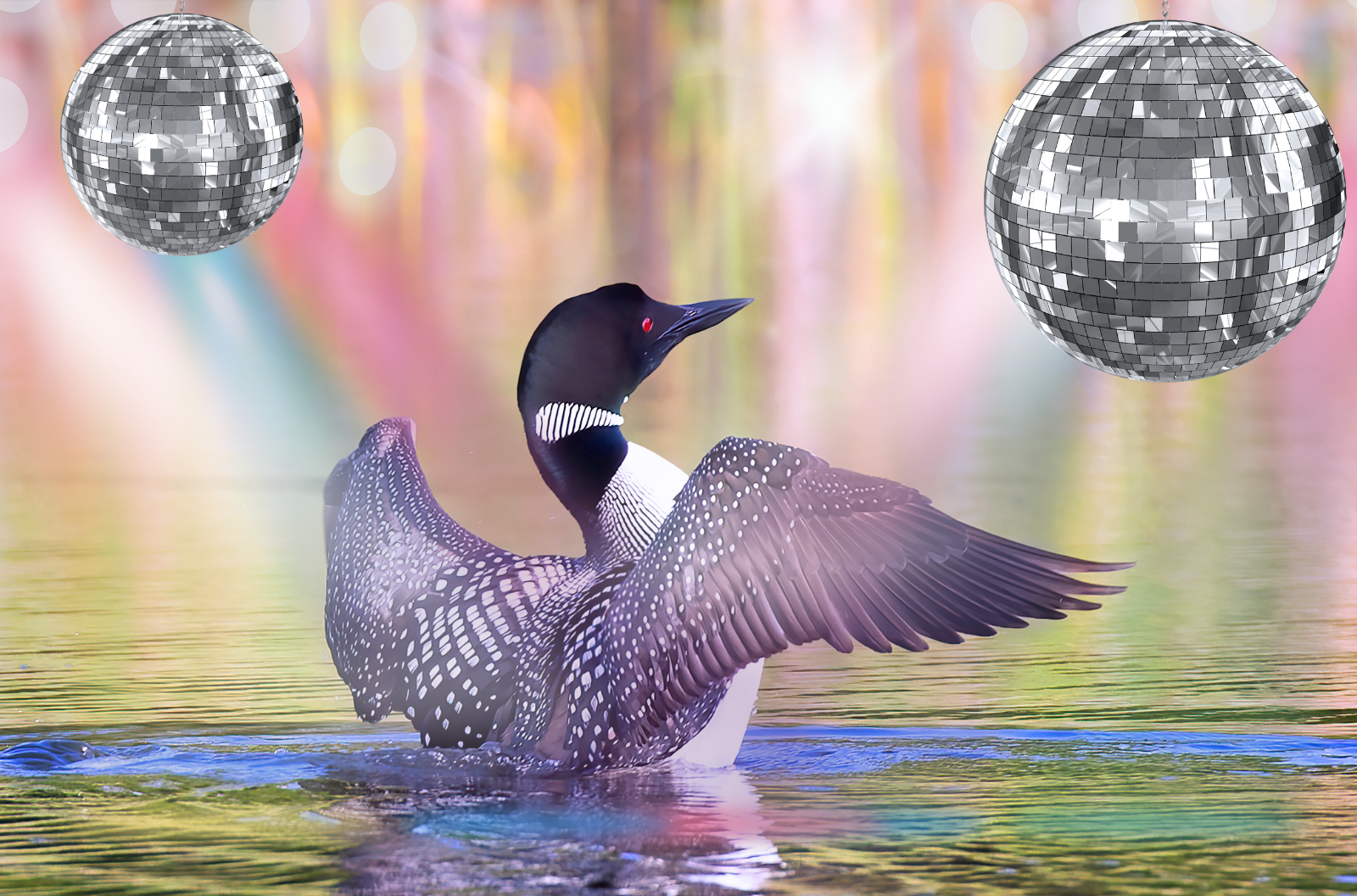 A loon spreading its wings in water, with photoshopped disco balls and club lights above it.