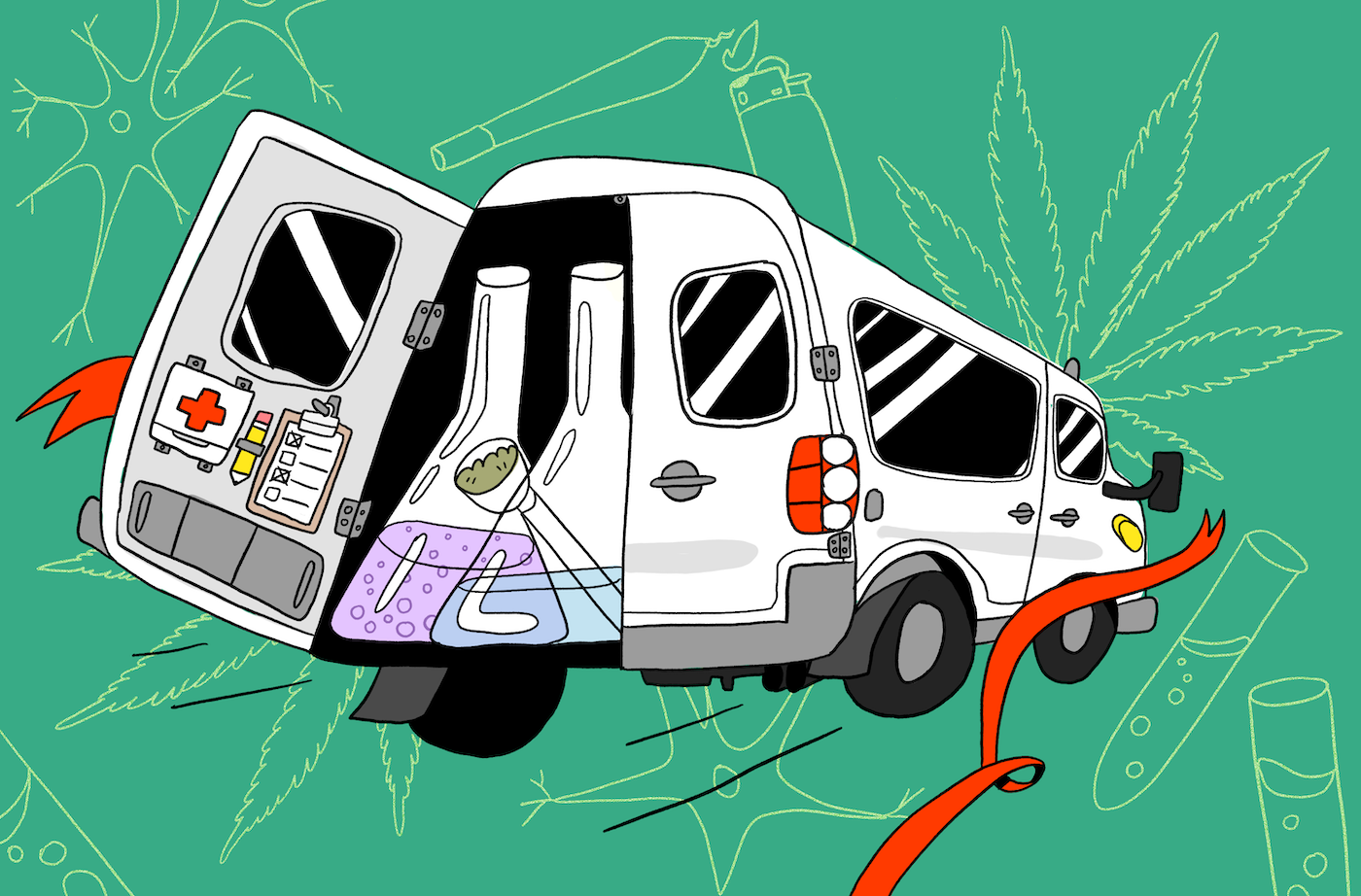 An illustration of a van driving away, breaking through red tape. Inside the van is a bong and a beaker, plus a health kit. Cannabis research van