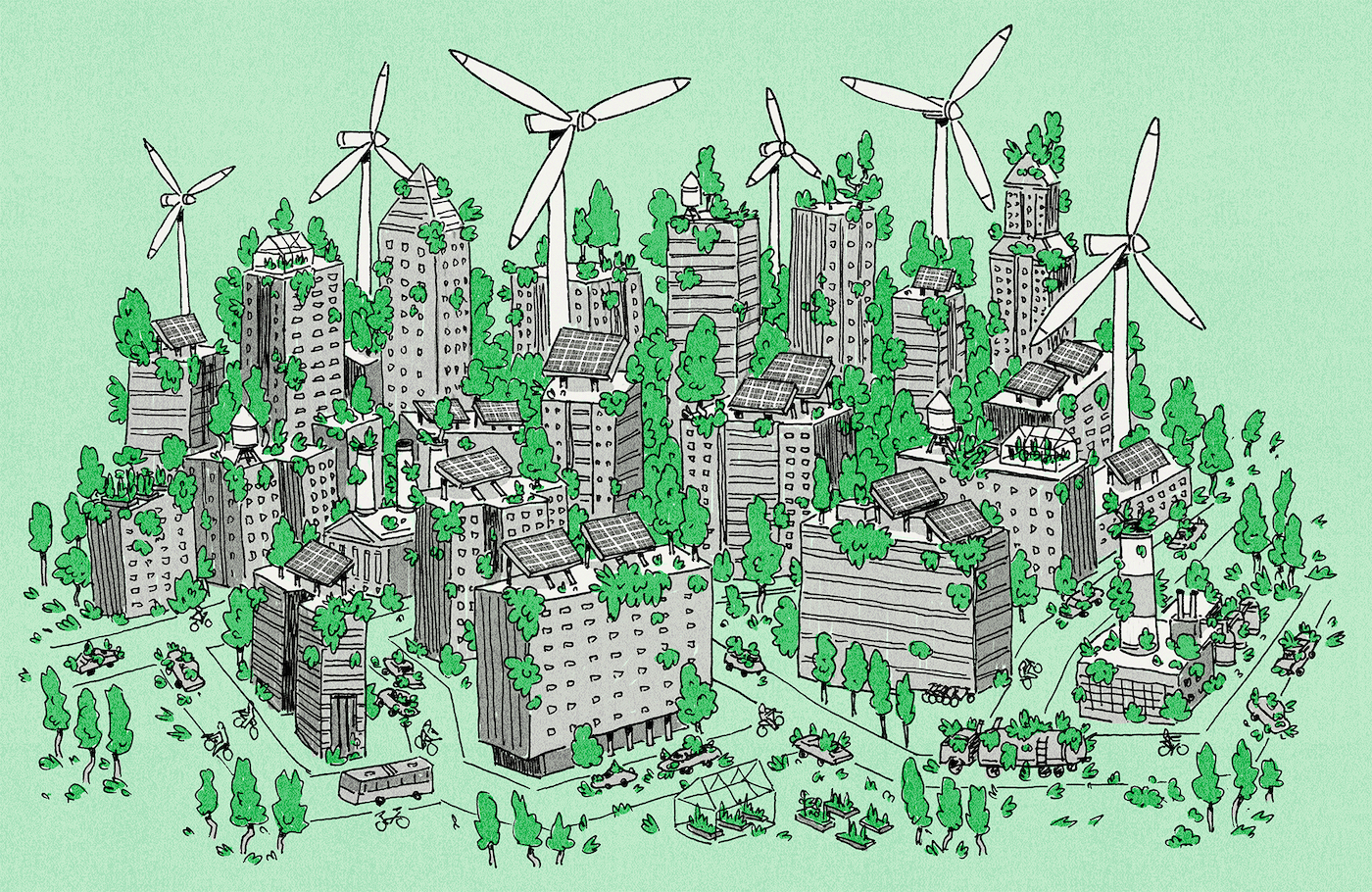 An illustration of a city overtaken by green energy initiatives