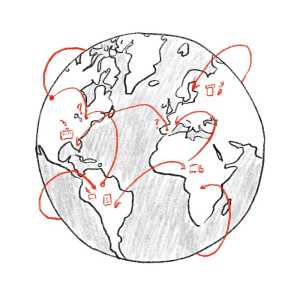 sketch of a globe with red lines connecting points across all continents in a confusing network