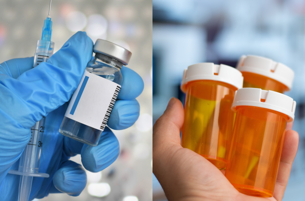Left: Someone holding a syringe and vial, right: someone holding three empty pill bottles