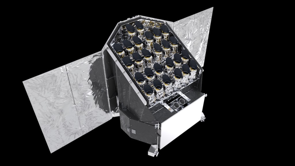 A 3-D rendering of a spacecraft outfitted with 26 cameras