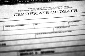 Close-up of a death certificate symbolizing the deceased person