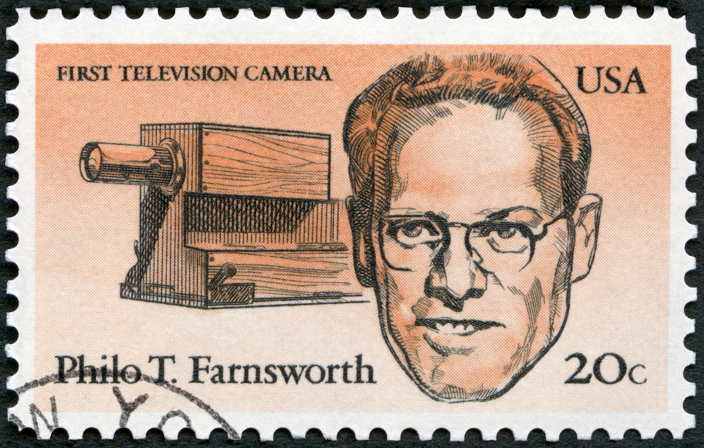 MOSCOW, RUSSIA - SEPTEMBER 26, 2019: A stamp printed in USA shows Philo Taylor Farnsworth (1906-1971), American Inventors, First television camera, 1983