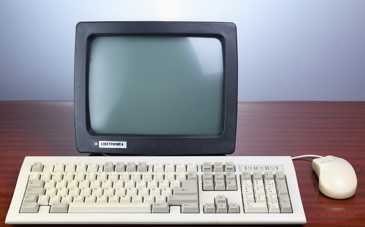 Berlin, Germany 08.01.2021:Monitor ELECTRONICS 1991 release.An old retro CRT monitor display with a 1990 keyboard stands on a brown vintage table.The kidney Microsoft Mouse 2.0 was introduced in 1993.