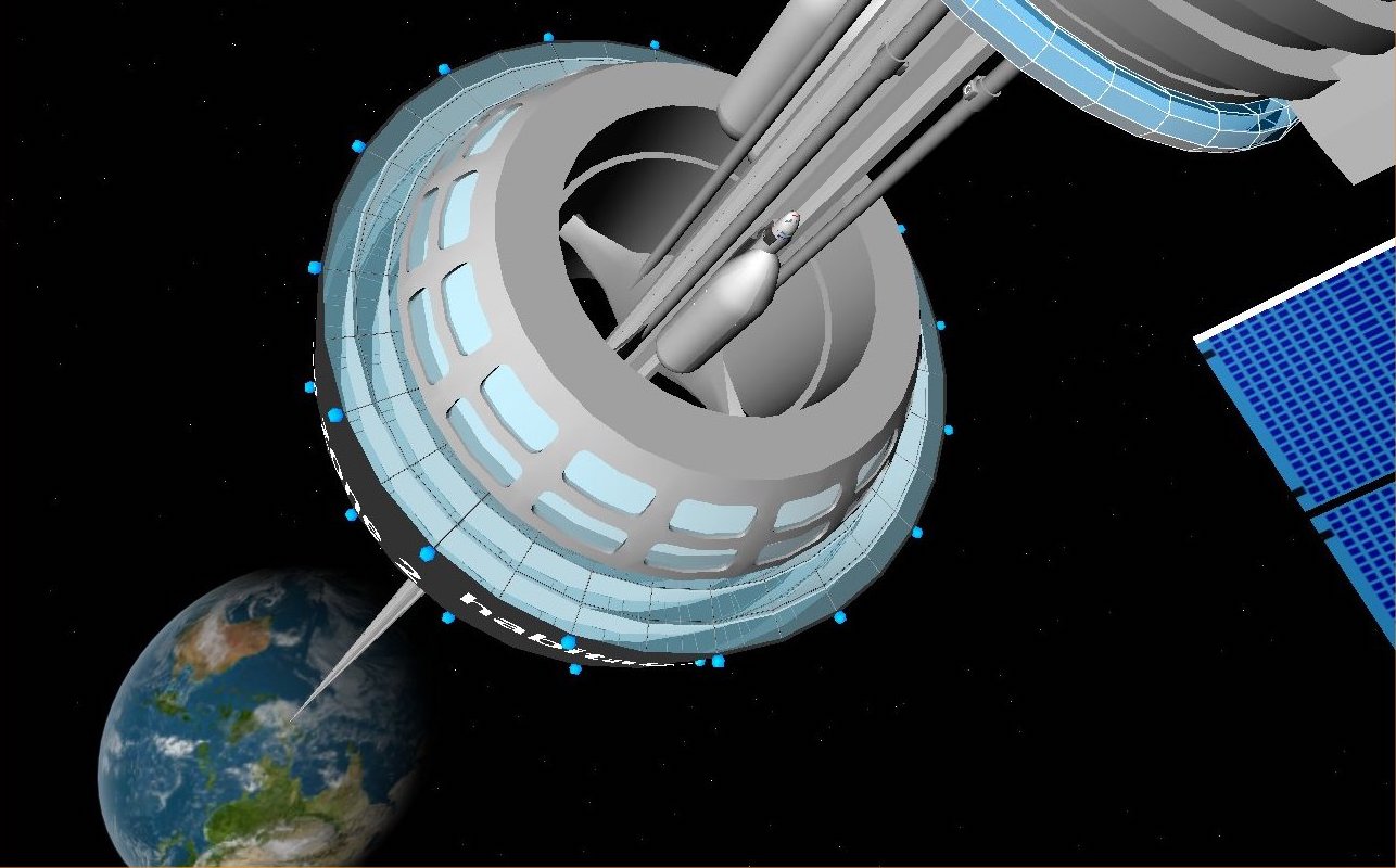 A 3D model of a space elevator coming from Earth