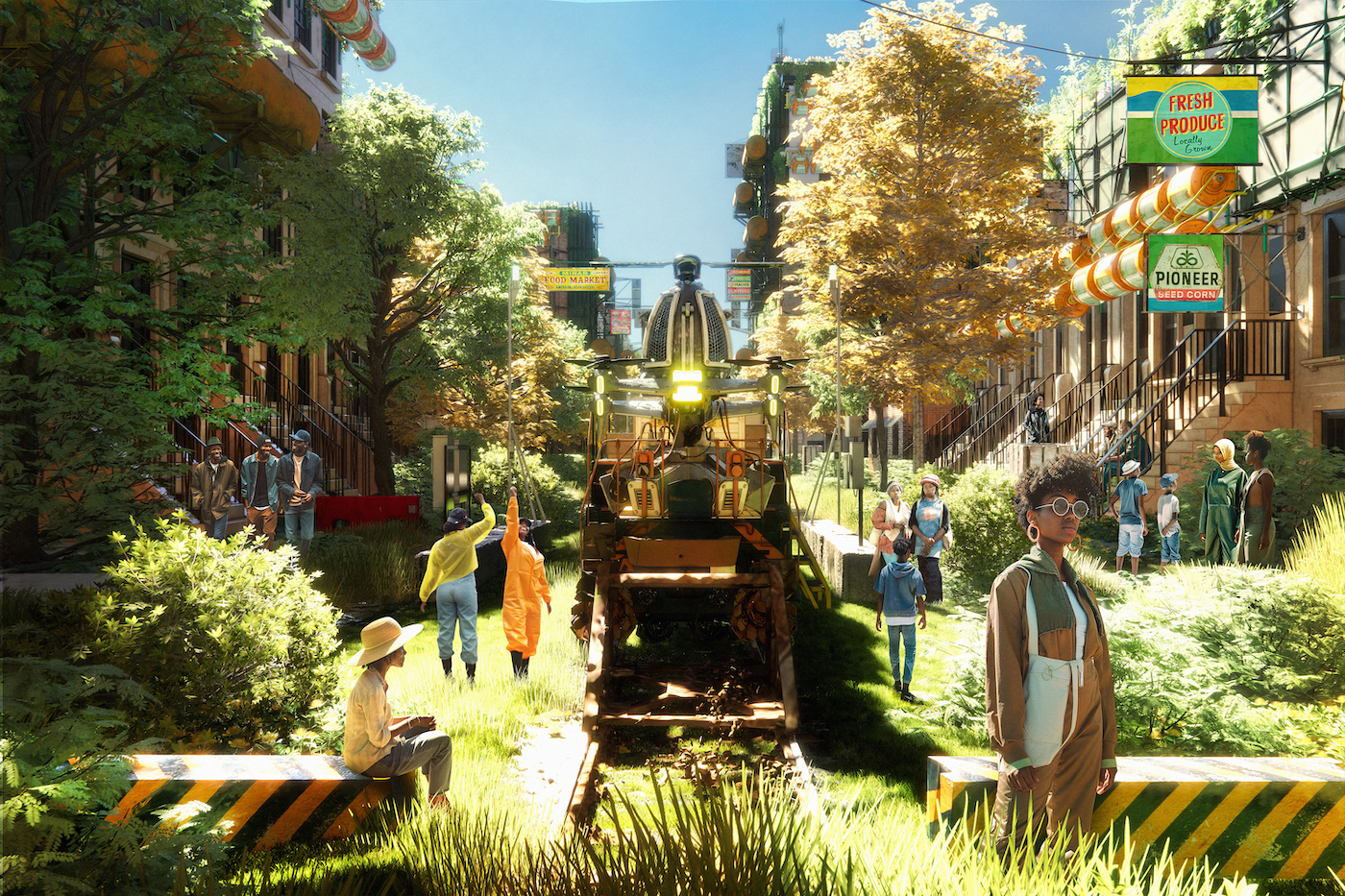 A utopian image of grass overgrowing what was once a Brooklyn street, with people walking around and enjoying a sunny day.