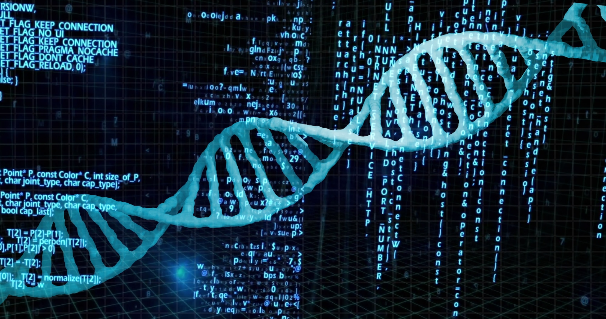 A blue strand of DNA across a black digital screen with code in the background