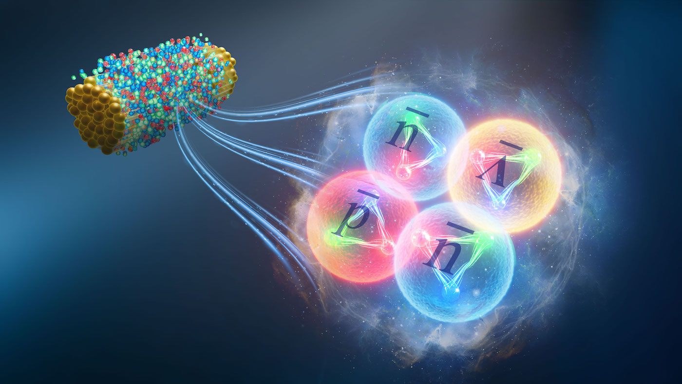 A combination of particles shooting beams out towards four enlarged antimatter particles