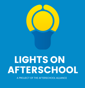 An illustration of a person holding their arms above their head to look like the shape of a lightbulb. The text reads Light On Afterschool, a project of the Afterschool Alliance.