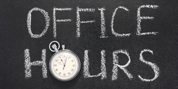 The words office hours written on a chalkboard with stopwatch as a the o in hours.