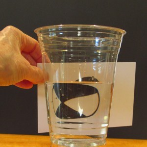 A clear plastic cup filled with water sits on a wooden surface with a dark background. Behind the cup, a hand holds a white card with a hand-drawn circle divided into black and white sections. The circle can be seen clearly through the water in the cup.