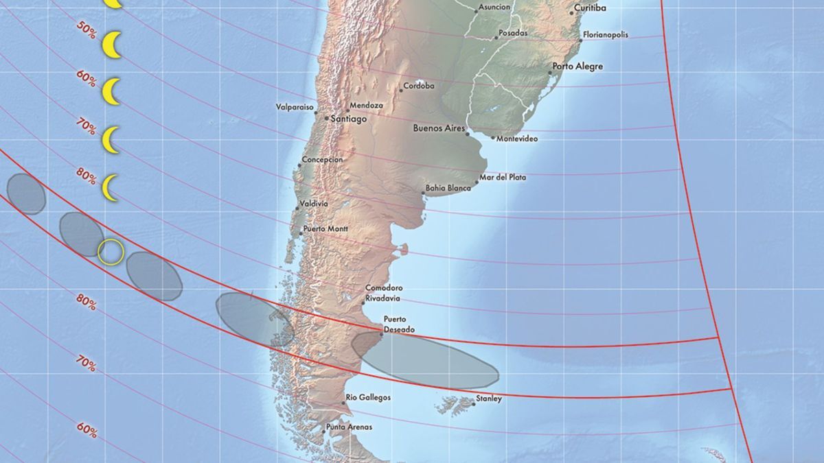 map showing the southern tip of South America with lines indicating the eclipse path