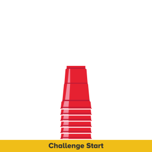 An illustration shows six red plastic cups in a column. The text reads Challenge Start.