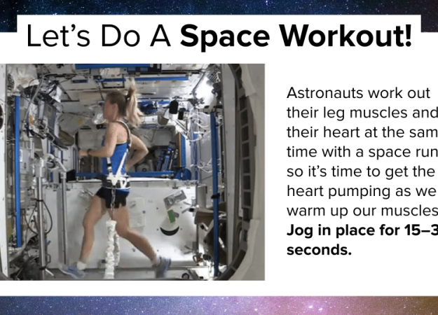 Animated GIF of an astronaut in shorts and a tank top jogging on a treadmill with a harness around her torso and a thick white bungee connecting her waist to the base of the treadmill.