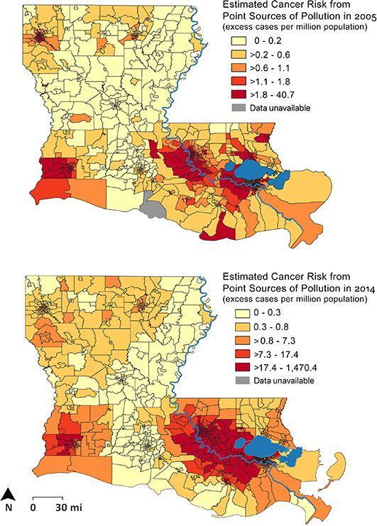 Two maps of Louisiana, the one at the bottom has more concentrated areas in red than the one on the top, meaning that there are more areas with higher risk of cancer from point sources of pollution in 2014 than in 2005.