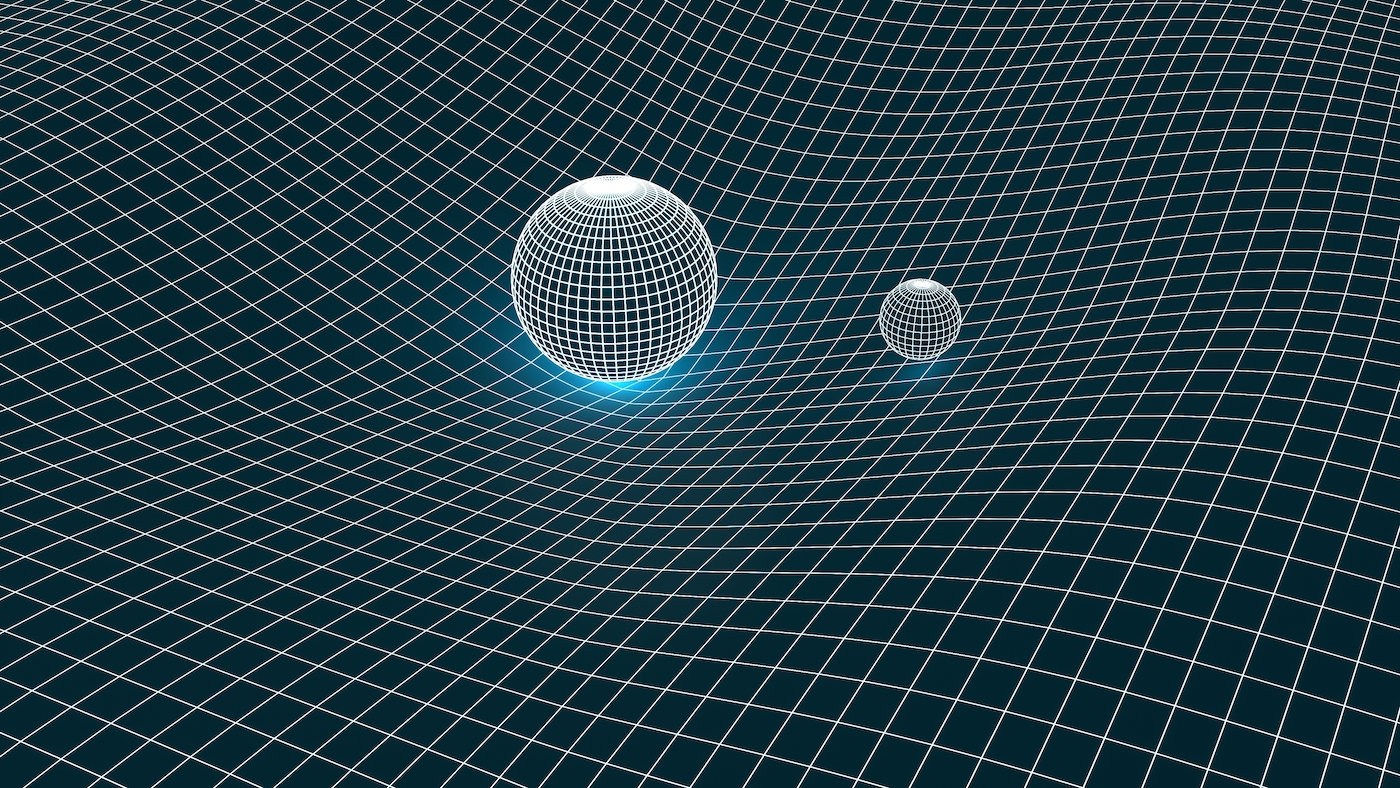 The theory of gravity and general relativity. Earth and Sun over warped spacetime. Sphere is affecting space time around it. 3D Rendering.