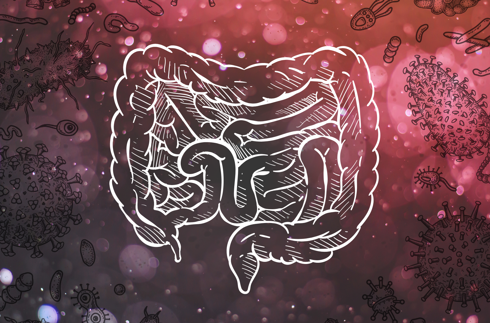 A gastrointestinal tract surrounded by graphics of microbes.