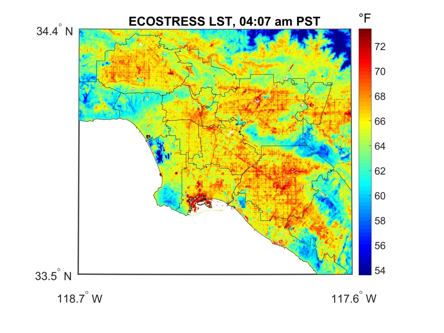 The image shows an ECOSTRESS LST (Land Surface Temperature) map of the Los Angeles area and surrounding regions in Southern California. The map uses a color scale to represent temperatures ranging from 54°F (blue) to 72°F (red). The coastal areas and some inland regions show cooler temperatures in blue and green, while most inland areas display warmer temperatures in yellow, orange, and red. The temperature distribution creates a patchwork effect, with notable hot spots in red and cooler areas in blue, potentially indicating urban heat islands and variations in land cover or elevation. 