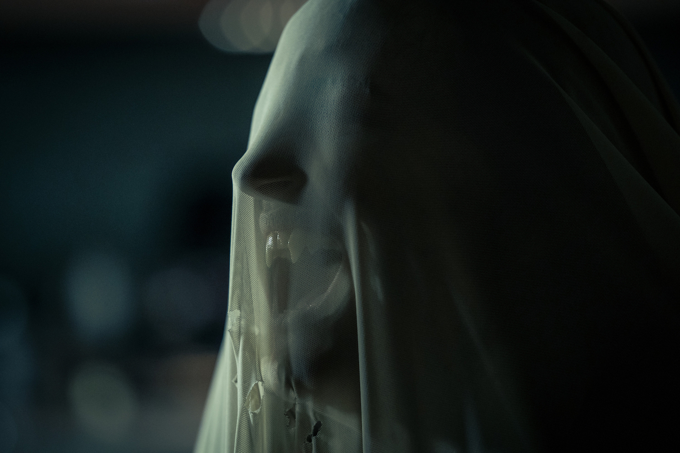 A woman's head covered in a veil, with vampire fangs visible in her mouth