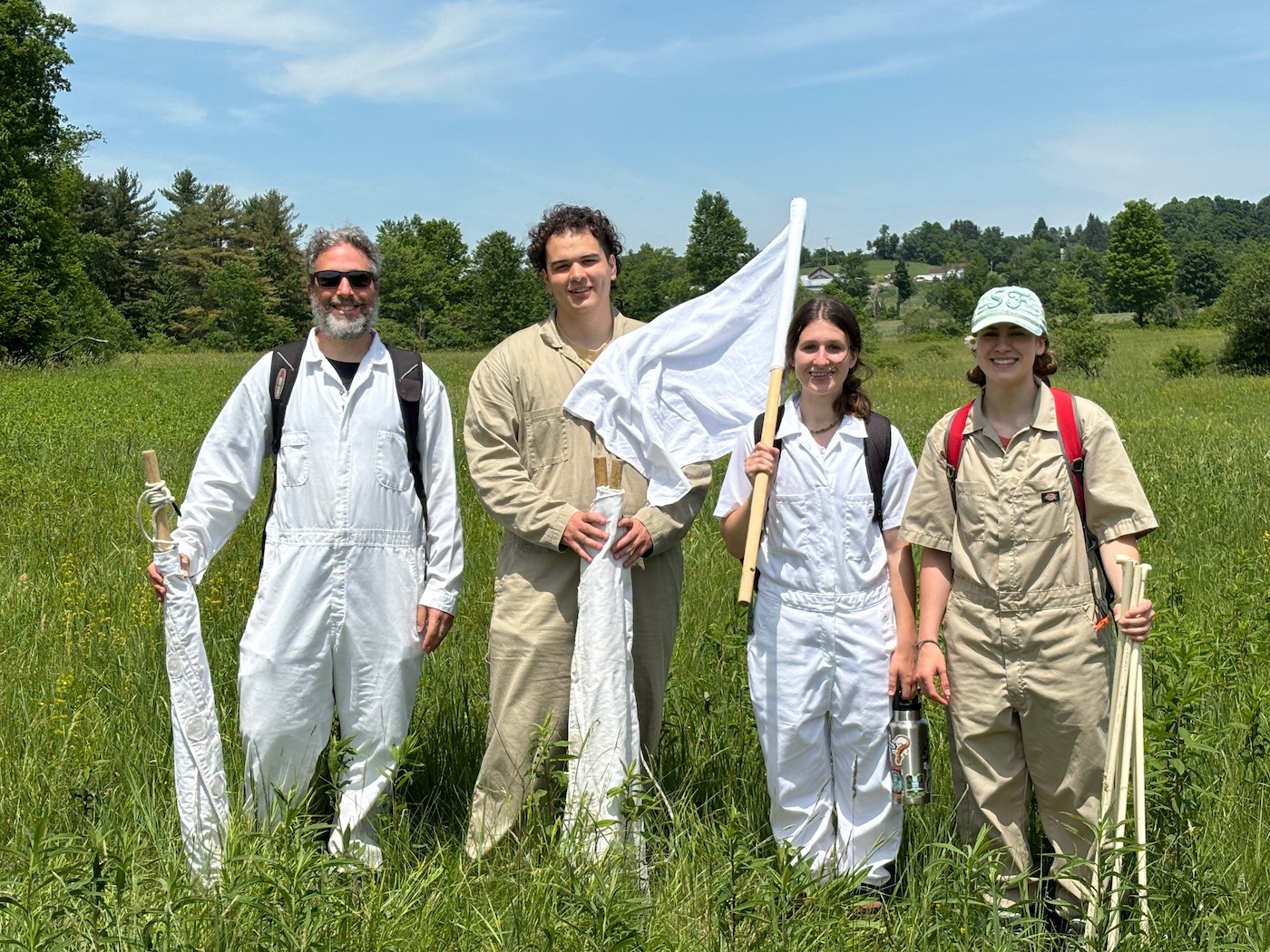 Four people wearing jumpers and holding cloth on sticks stand in a field of tall grass.