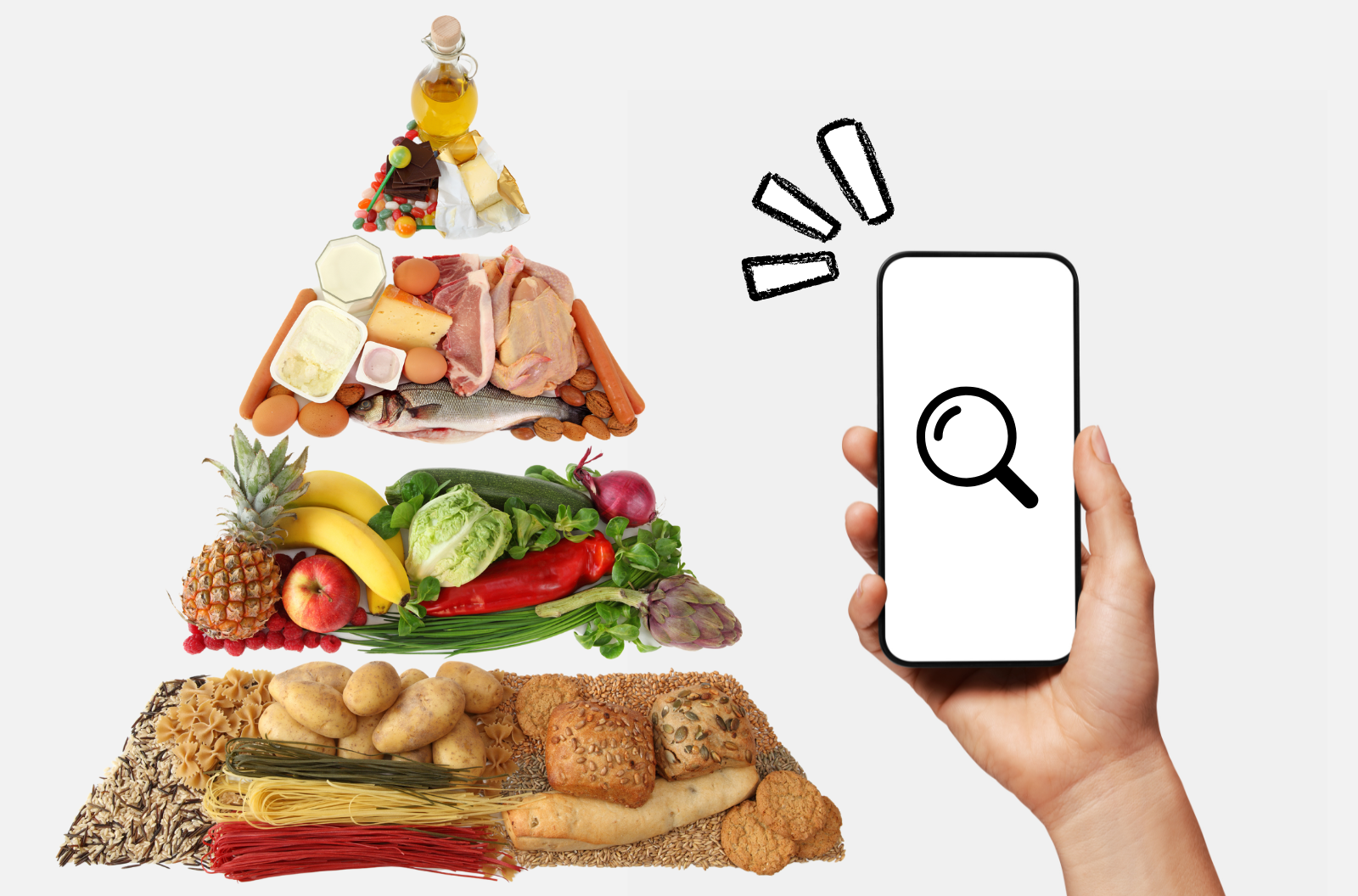 Someone holding a phone in front of a food pyramid