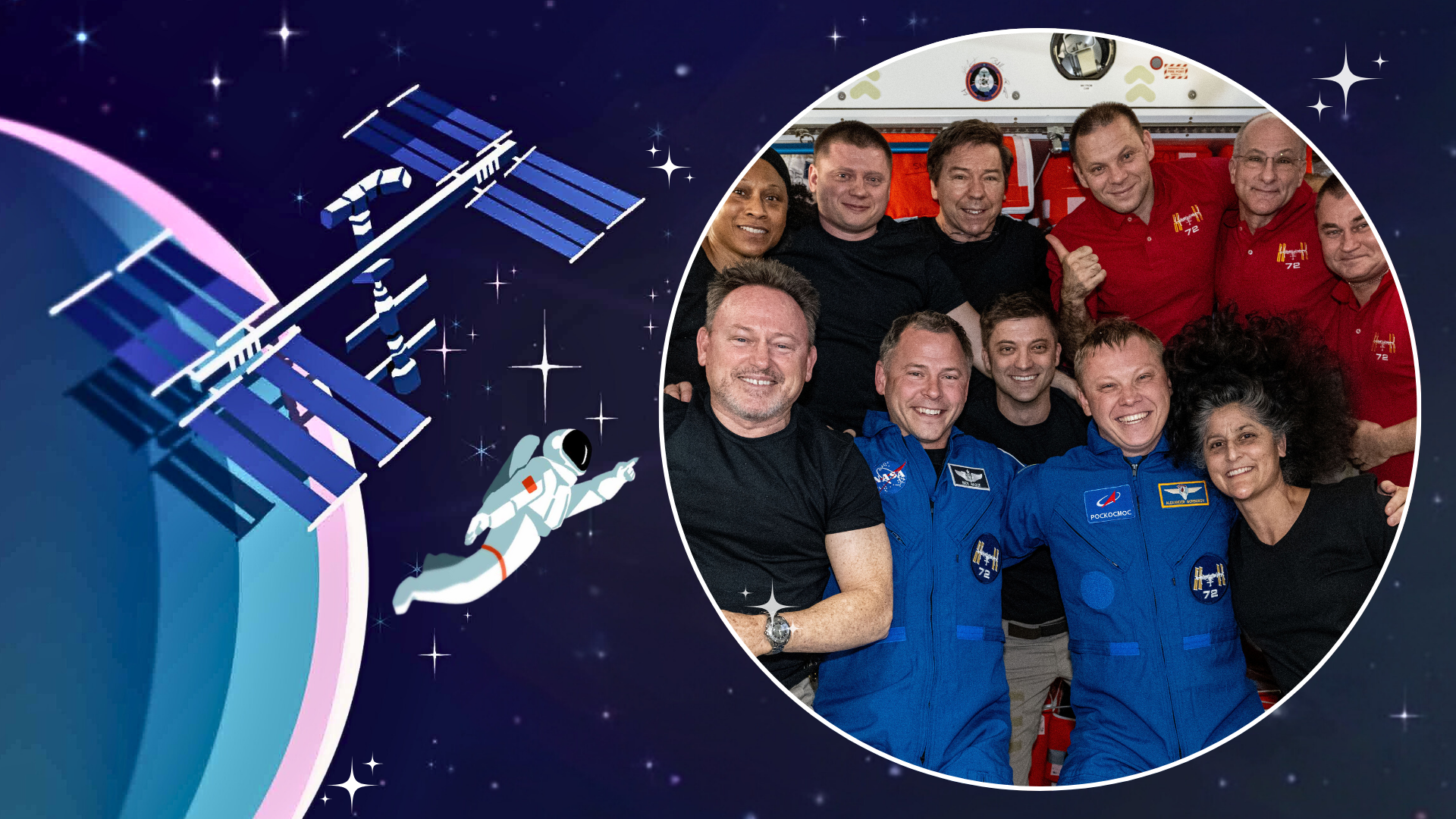 Against a starry background with the ISS and a floating astronaut is a photo of smiling astronauts floating inside the International Space Station.