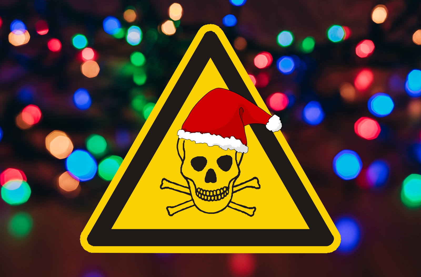 A skull and crossbones poison symbol with a Santa hat on it.