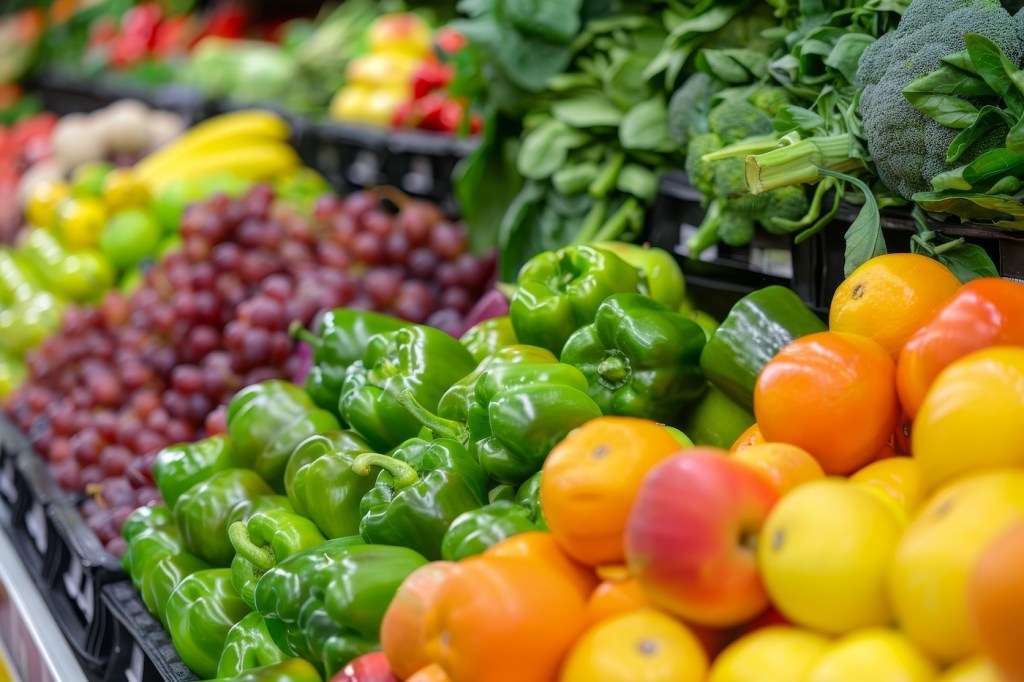 Colorful fruits and vegetables in the produce section of the grocery store