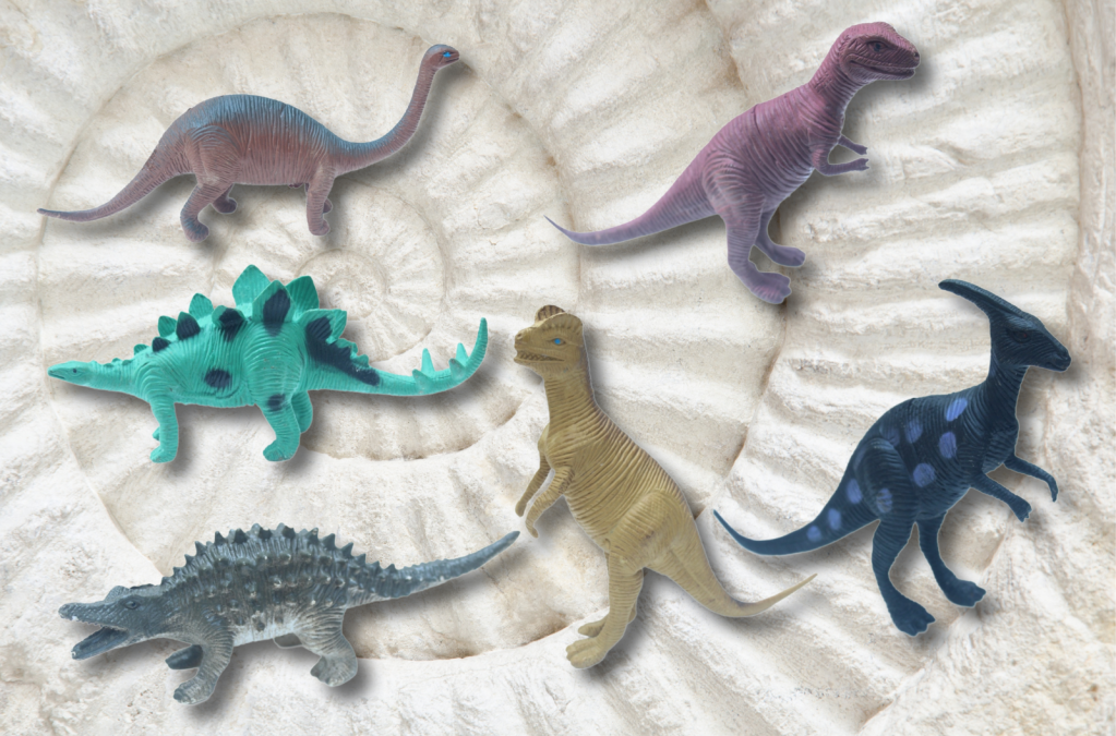 Toy dinosaurs overlaid on an ammonite background