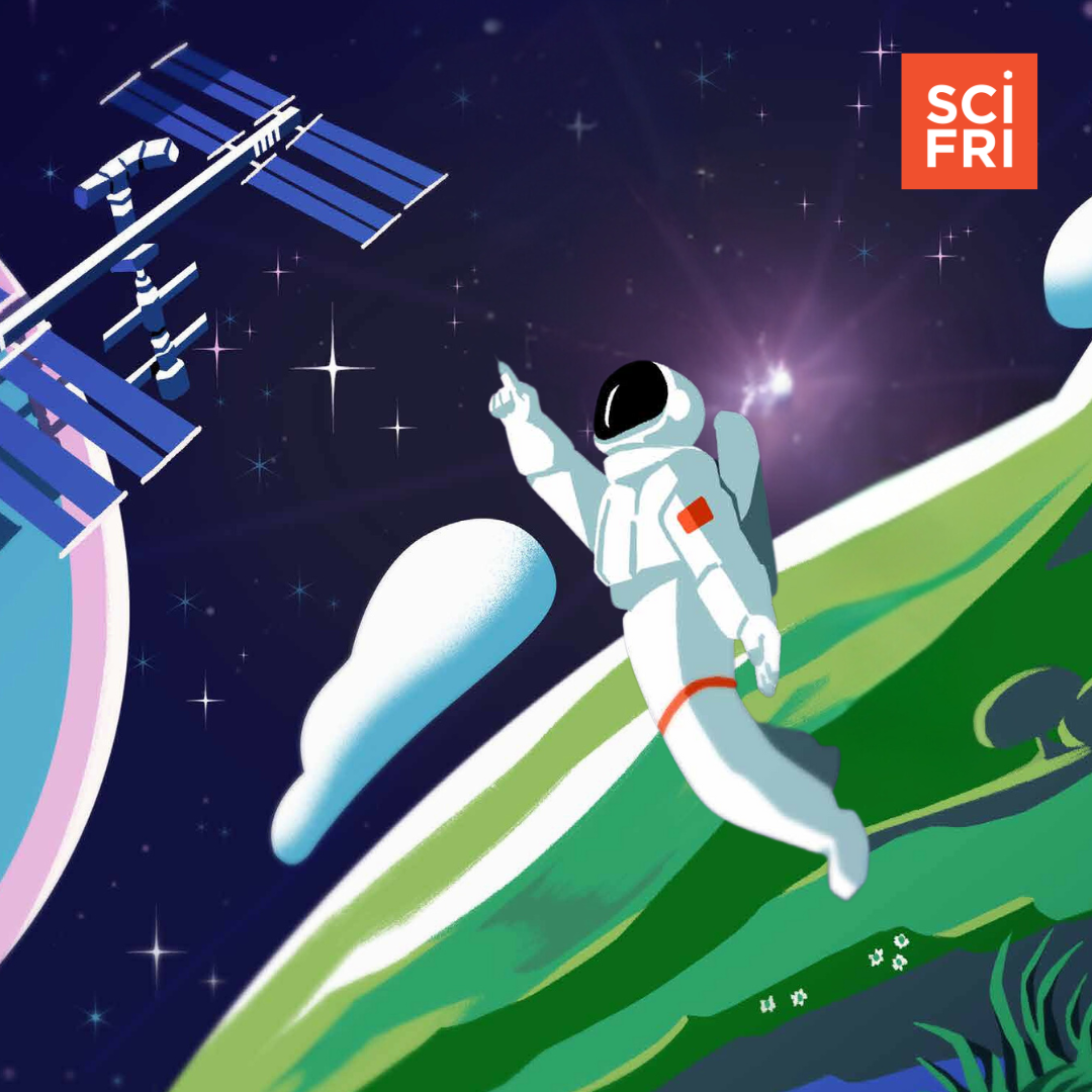 An illustration of an astronaut pointing toward the ISS. In the background is the landscape of an alien planet