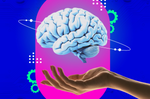 A collage of a brain with gears around it floating above a hand