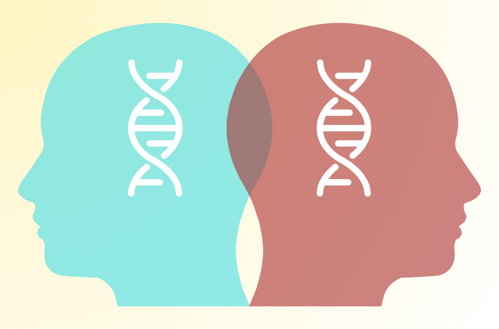 Two faces facing away from each other, each with a graphic of DNA overlaid over their heads.