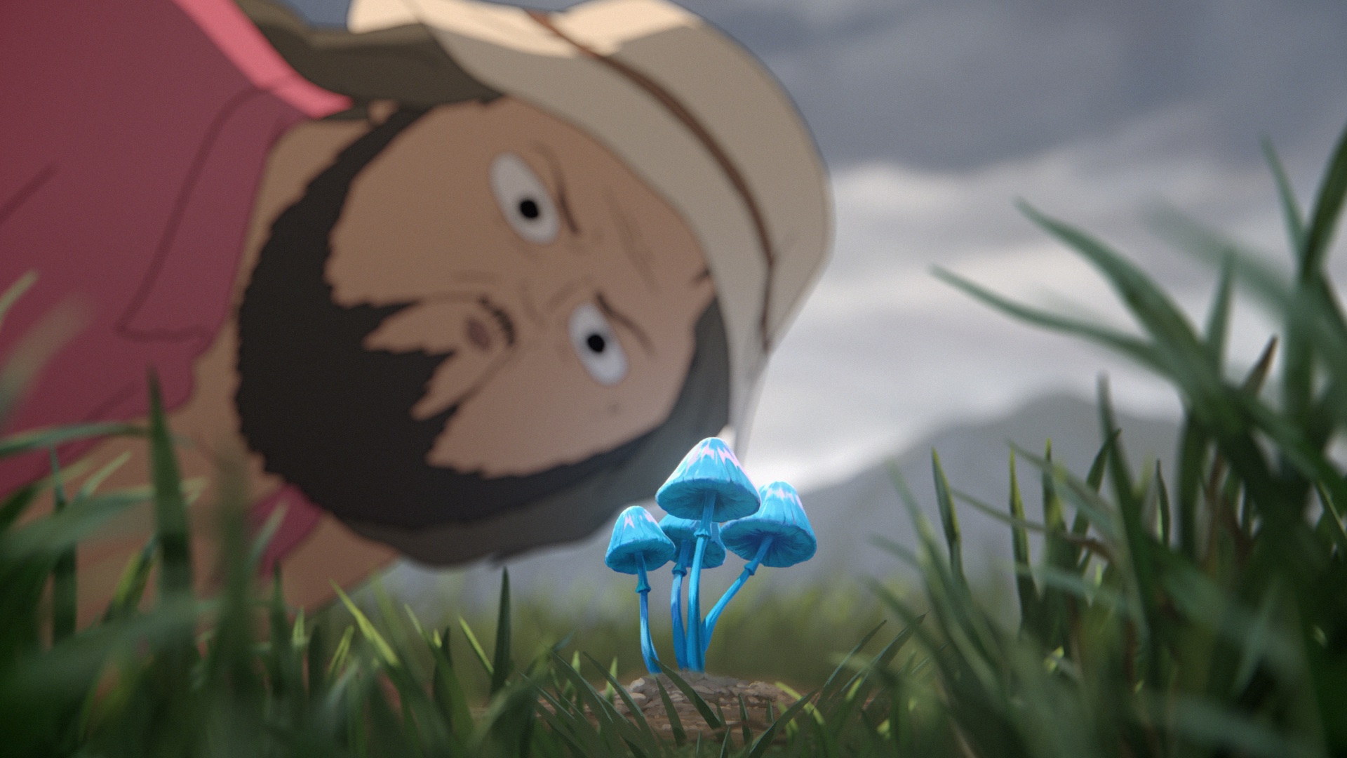 A man wearing a bucket hat staring at a bright blue mushroom