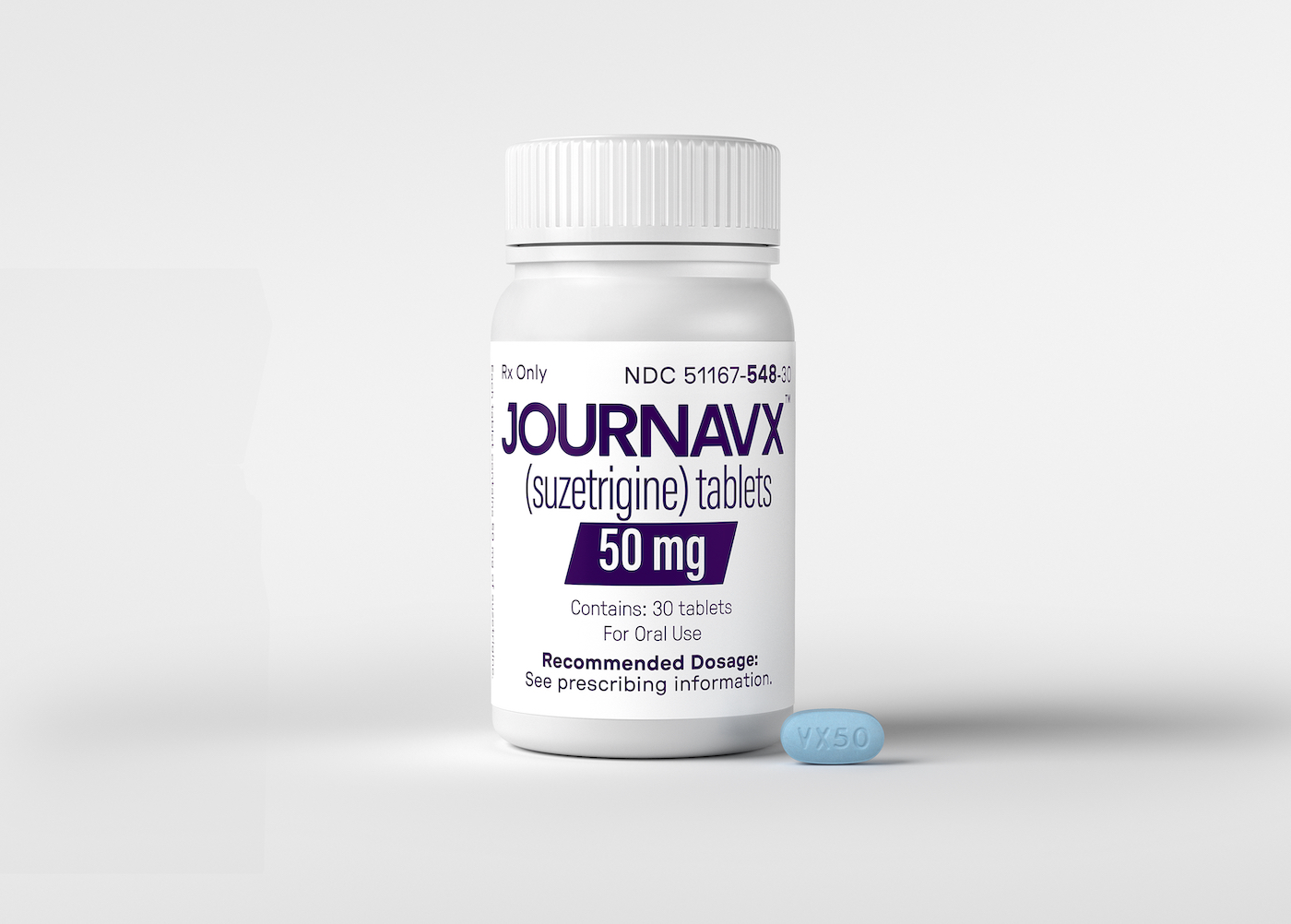 A pill bottle with a blue pill to the right. The bottle's label says "Journavx"