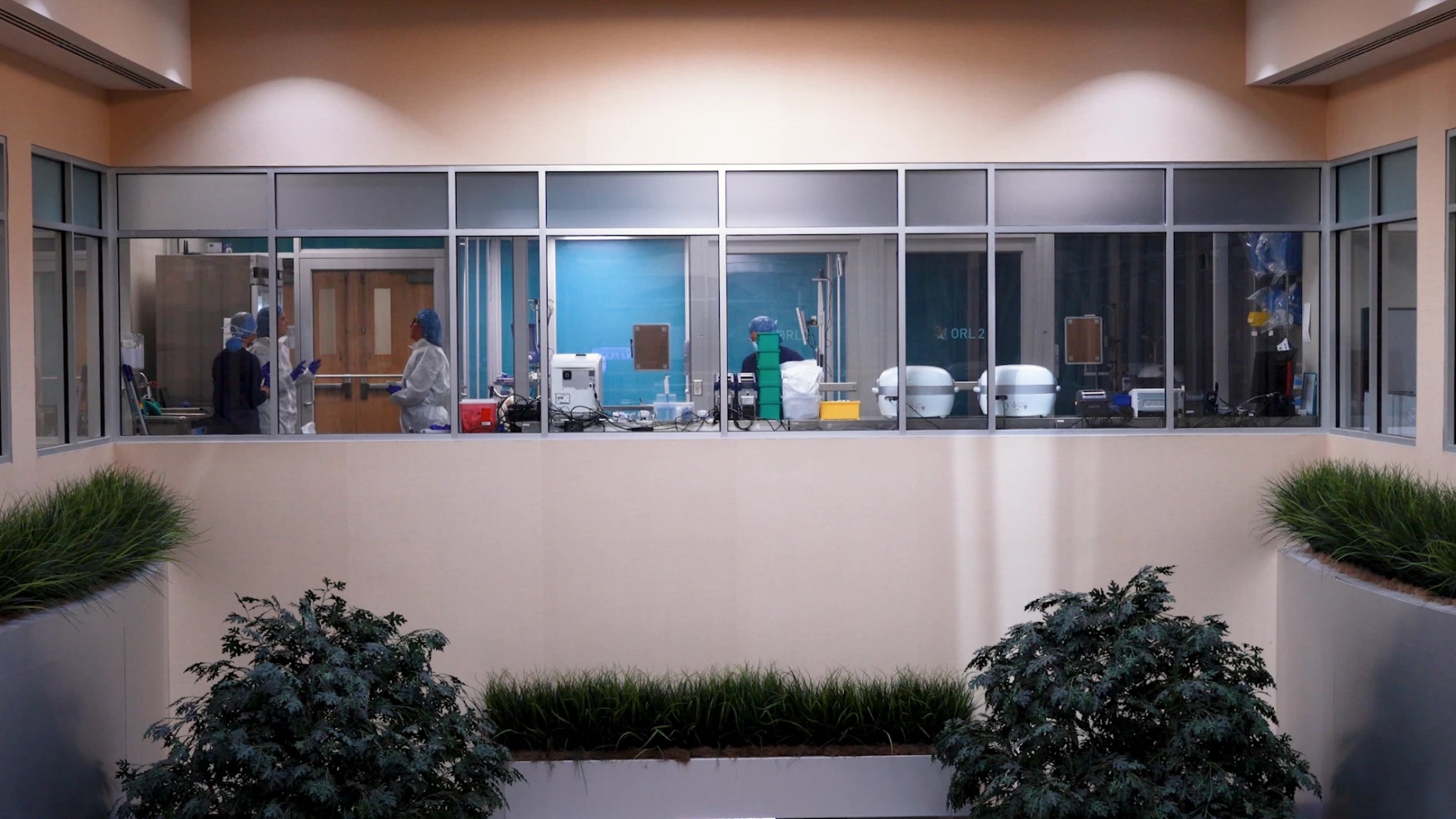 A view of some windows inside a hospital.