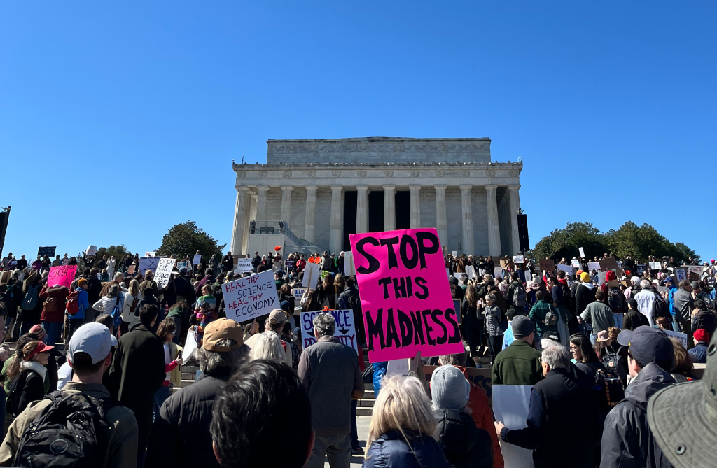 A crowd of people holding signs in front of the Lincoln Memorial against a clear blue sky