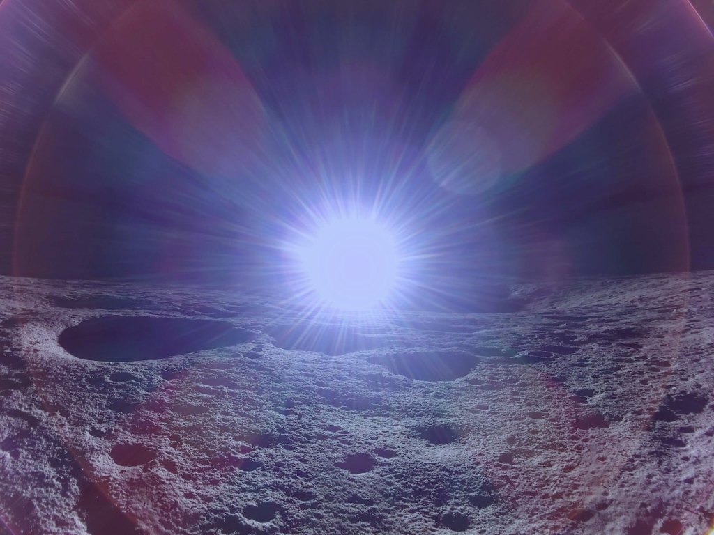 A lens flare image of the sun rising over the lunar horizon