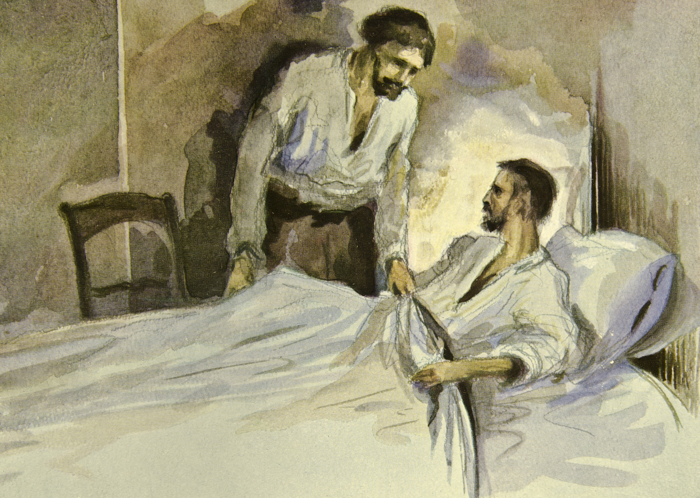 A painting of a man visiting a sick man in bed.